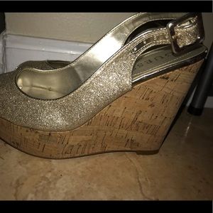 Guess Gold Peep Toe Wedges
